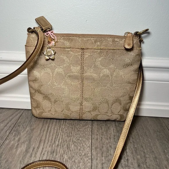 Coach Metallic Beige Signature Crossbody Bag with Floral Charm - Picture 6 of 11